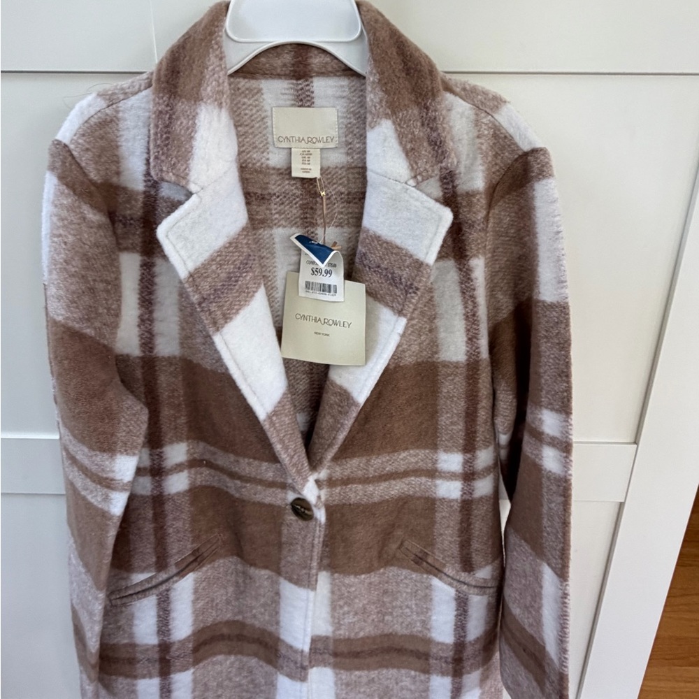 Cynthia Rowley Tan and White Plaid Car Coat